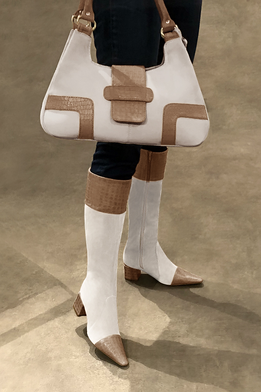 Tan beige and off white women's feminine knee-high boots. Tapered toe. Medium block heels. Made to measure. Worn view - Florence KOOIJMAN